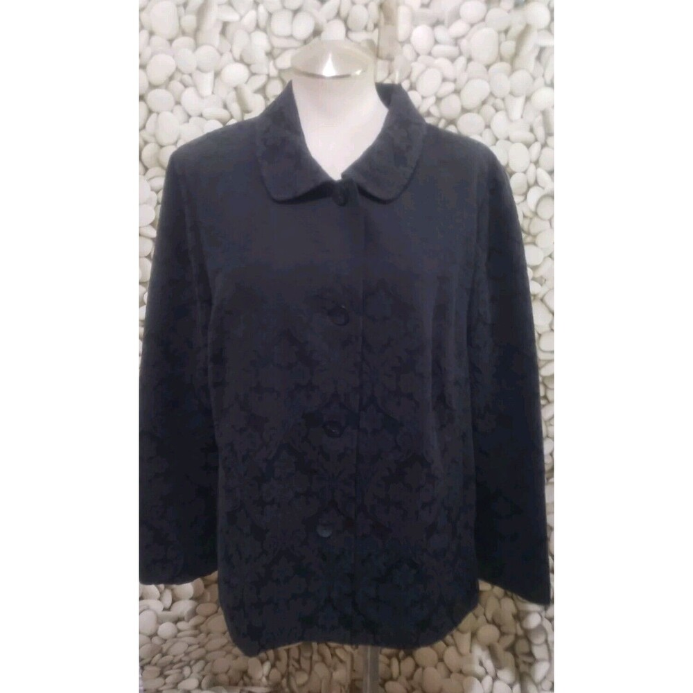 J Jill Black Jacket Size 16 Floral Jacquard Textured Button Up Lined Pockets